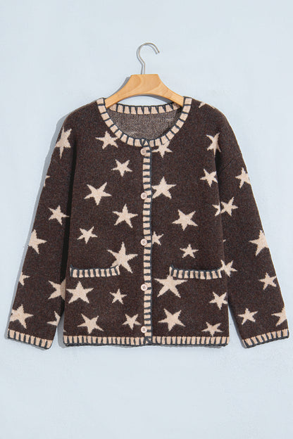 Brown Stars Pattern Colorblock Long Sleeve Shift Cardigan