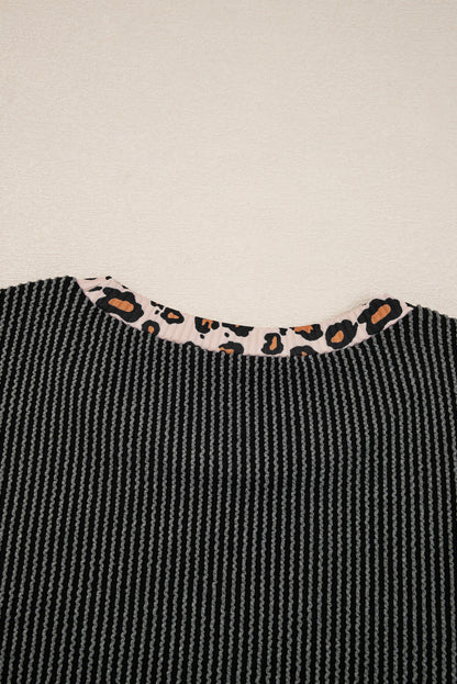 Carbon Grey Twisted Rib Texture Leopard Patchwork Detail 2pcs Pant Set