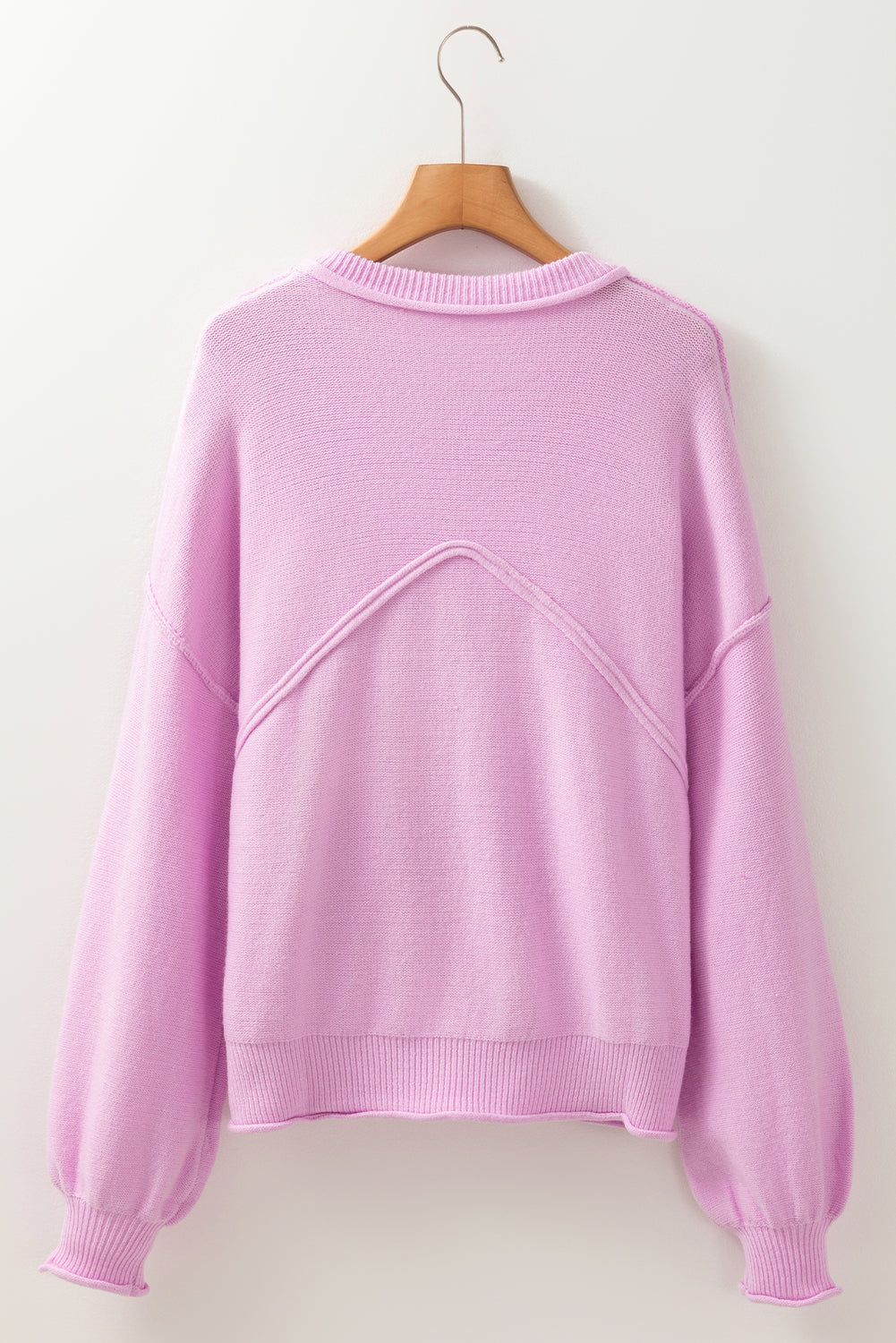 Pink Raw Edge Ribbed Detail Drop Shoulder Sweater