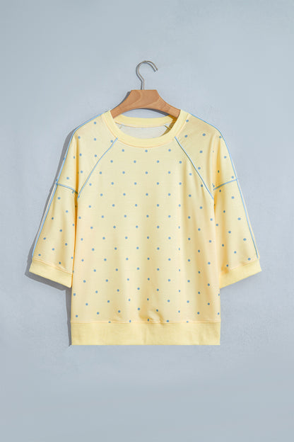 Yellow Polka Dot Print Piping Trim 3/4 Sleeve Relaxed Top