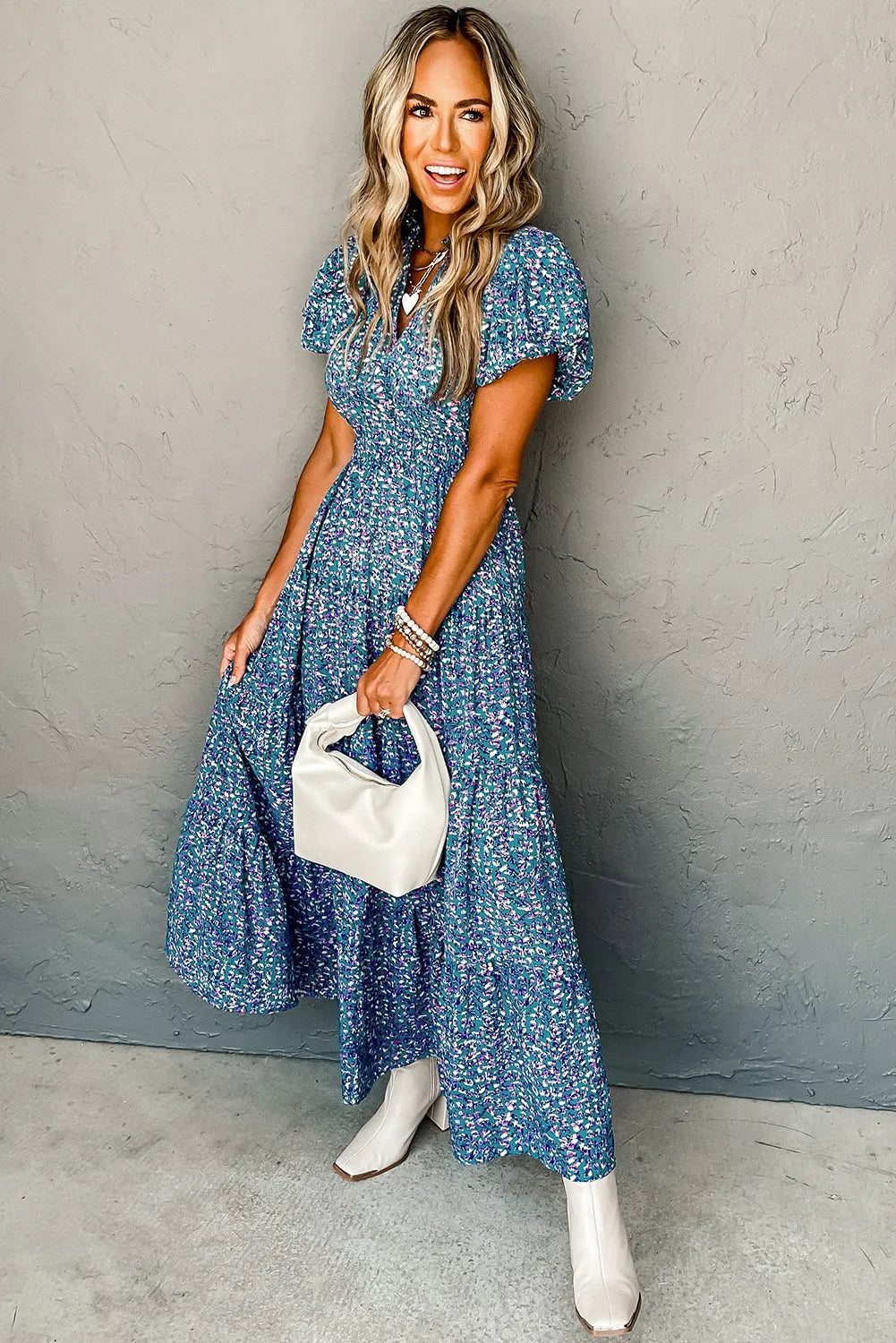 Blue Printed V Neck Shirred Short Puff Sleeve Maxi Dress - Chic Meadow Boutique 