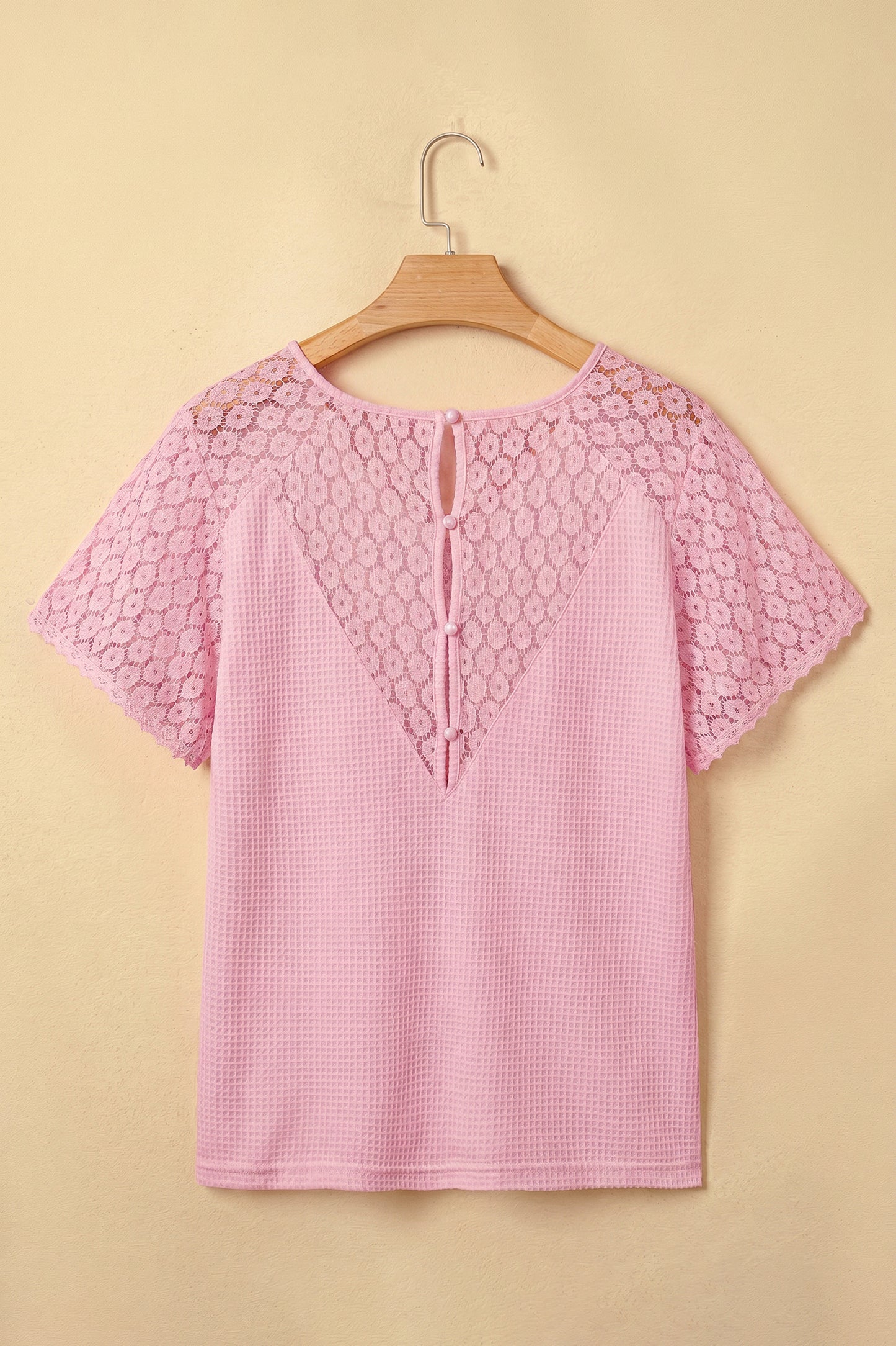 Pink Lace Splicing Button Cutout V Neck Waffle Knit Blouse