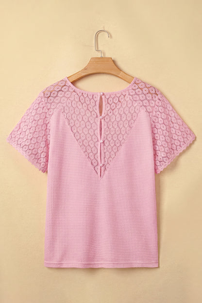 Pink Lace Splicing Button Cutout V Neck Waffle Knit Blouse