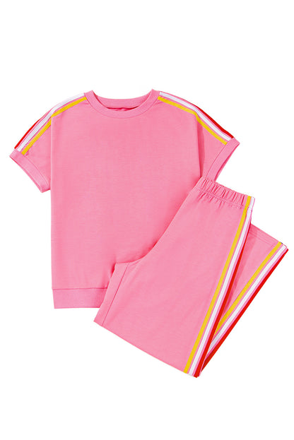 Bonbon Color Contrast Crewneck T Shirt and Wide Leg High Waist Pants Set