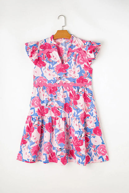 Pink Floral Printed V Notched Ric Rac Flutter Sleeve Dress - Chic Meadow Boutique 