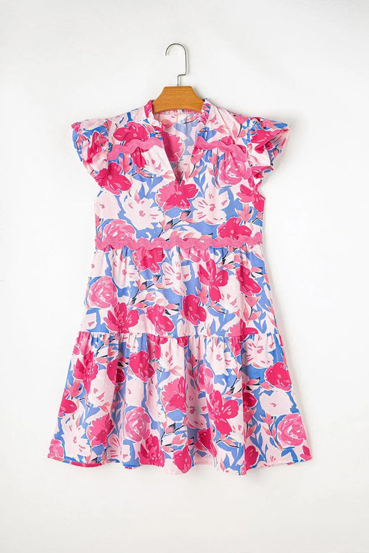 Dresses/Floral Dresses Pink Floral Printed V Notched Ric Rac Flutter Sleeve Dress