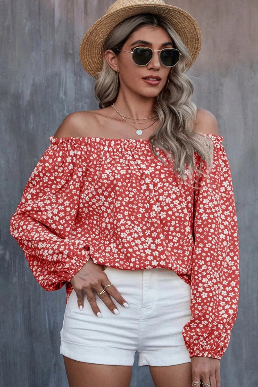 Fiery Red Floral Print Frill Trim Off-shoulder Lantern Sleeve Blouse - Chic Meadow Boutique 