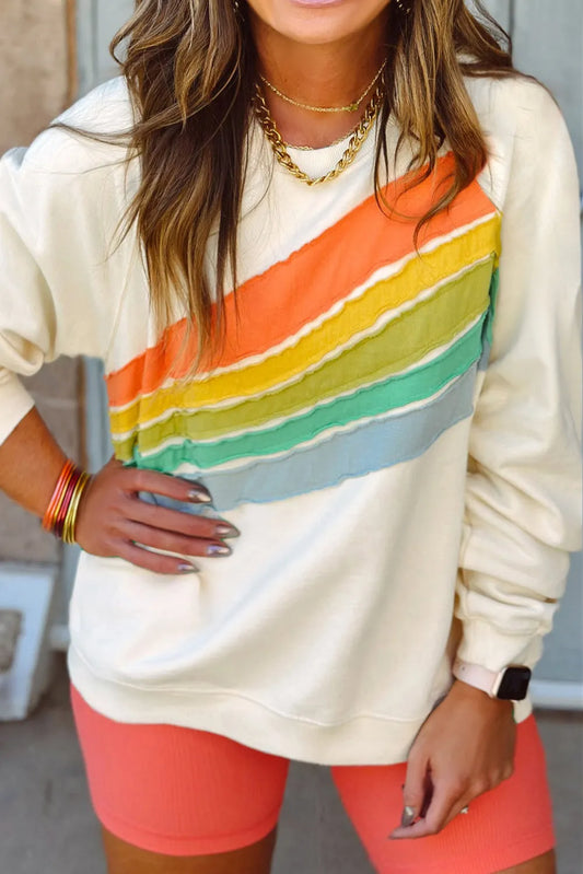 white Rainbow Raglan Sleeve Crew Neck Plus Size Sweatshirt - Chic Meadow Boutique 