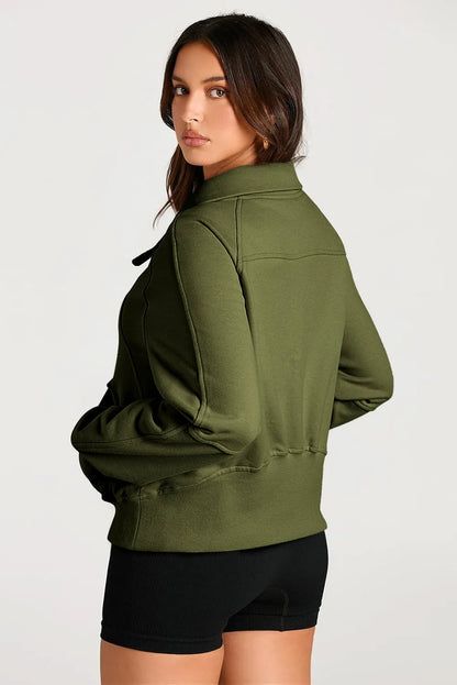 Moss Green Quarter Zip Stand Neck Kangaroo Pocket Sweatshirt - Chic Meadow Boutique 