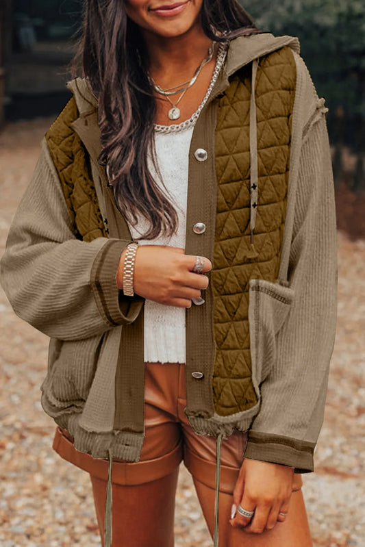 Jungle Green Quilted Textured Patchwork Loose Fit Hooded Jacket - Chic Meadow Boutique 