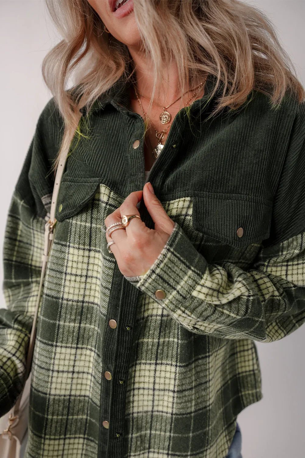 Blackish Green Snap Buttons Colorblock Plaid Shacket - Chic Meadow Boutique 