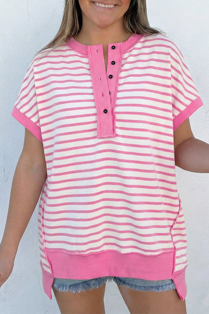 Pink Stripe Half Placket High Low Short Sleeve Top