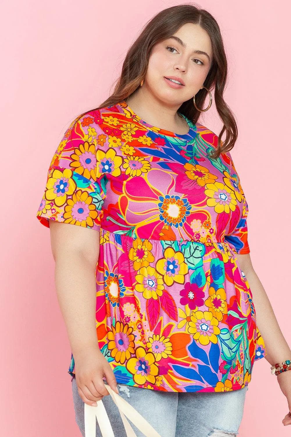 Plus Size/Plus Size Tops/Plus Size Blouses & Shirts Pink Floral Print Short Sleeve Plus Size Babydoll Blouse