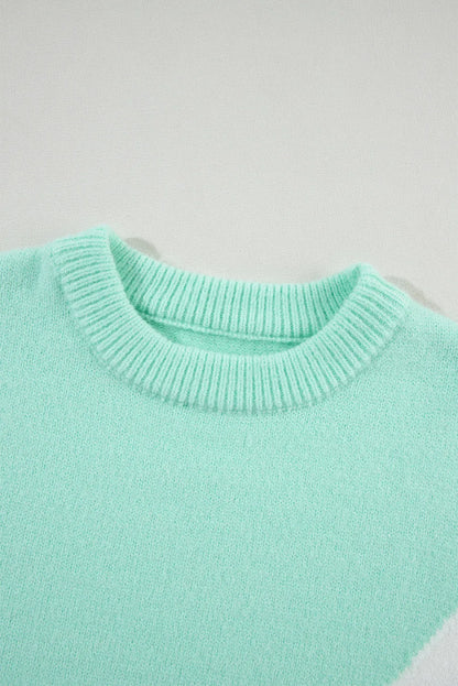 Green Chevron Colorblock Ribbed Knit Drop Shoulder Sweater - Chic Meadow Boutique 