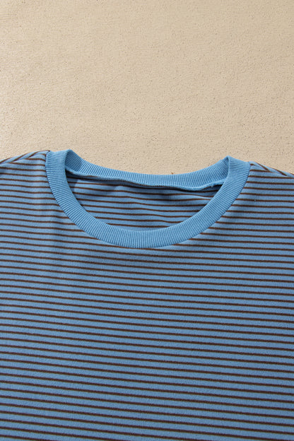 Blue Stripe Contrast Trim Round Neck Oversize Long Sleeve Top 2pcs Pant Set