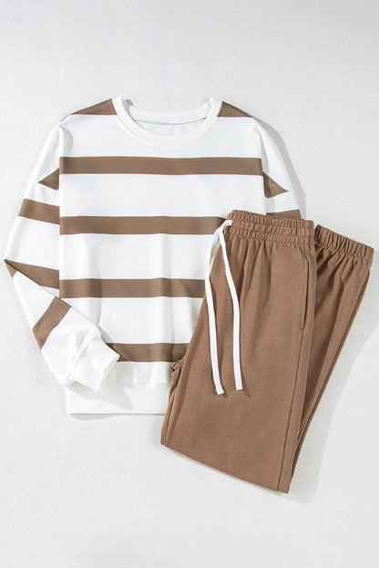 Two Piece Sets/Pant Sets Light French Beige Striped Drop Shoulder Pullover and Jogger Pants Set