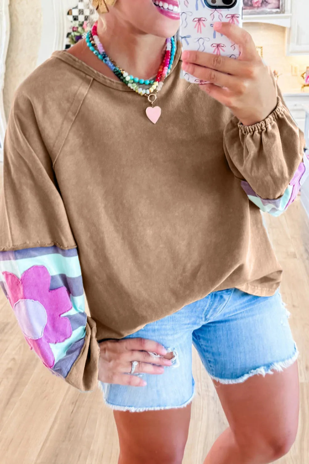 Dune Flower Patchwork Raglan Sleeve Exposed Seam Oversized Top - Chic Meadow Boutique 