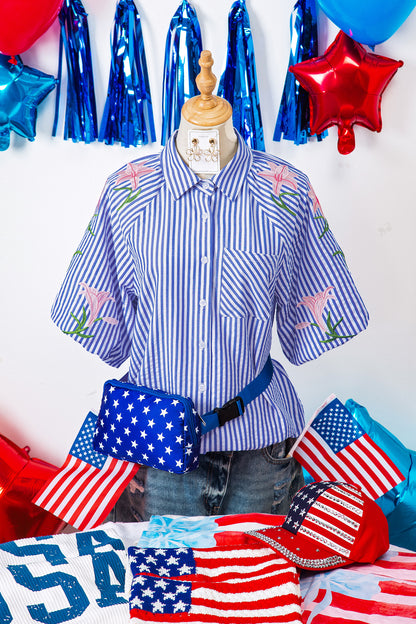 Sky Blue Stripe Lily Floral Embroidered Puff Sleeve Button Down Shirt