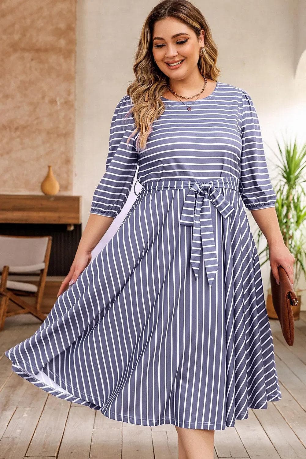 Plus Size/Plus Size Dresses/Plus Size Midi Dresses Gray / 1X / 95%Polyester+5%Elastane Gray Striped Tie Waist 3/4 Sleeve Plus Size Dress