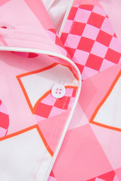 Pink Heart Print Shirt Style Silky Short Pajama Set