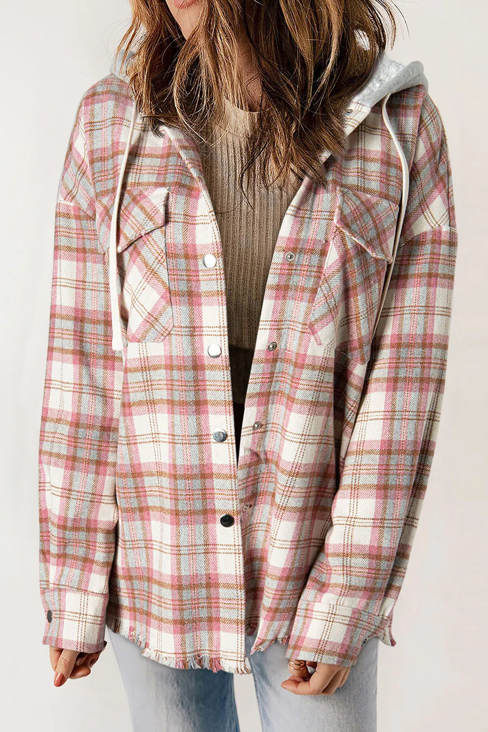 Multicolour Plaid Flap Pocket Hooded Raw Hem Jacket - Chic Meadow Boutique 