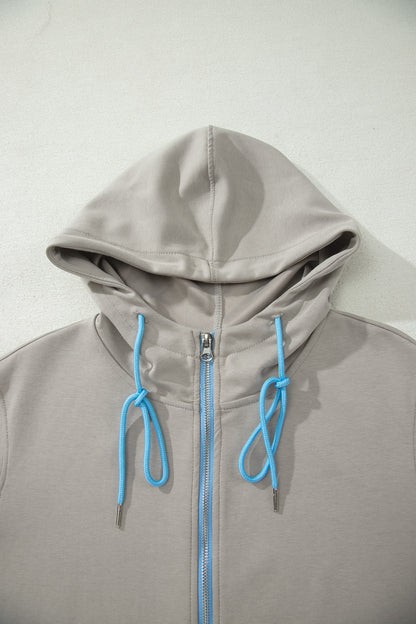 Smoke Green Contrast Trim Zip Up Sporty Jacket Drawstring Mini Skort 2pcs Set