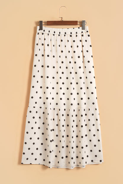 White Polka Dot Ruffled Slit Maxi Skirt