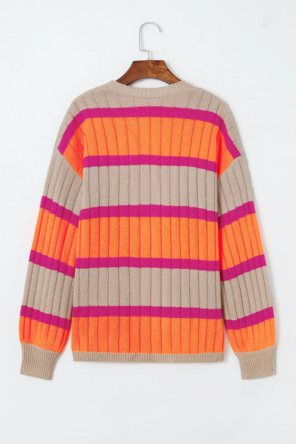 Orange Striped Colorblock Drop Shoulder Slouchy Cardigan - Chic Meadow Boutique 