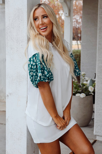 White Contrast Floral Puff Sleeve Oversized Top
