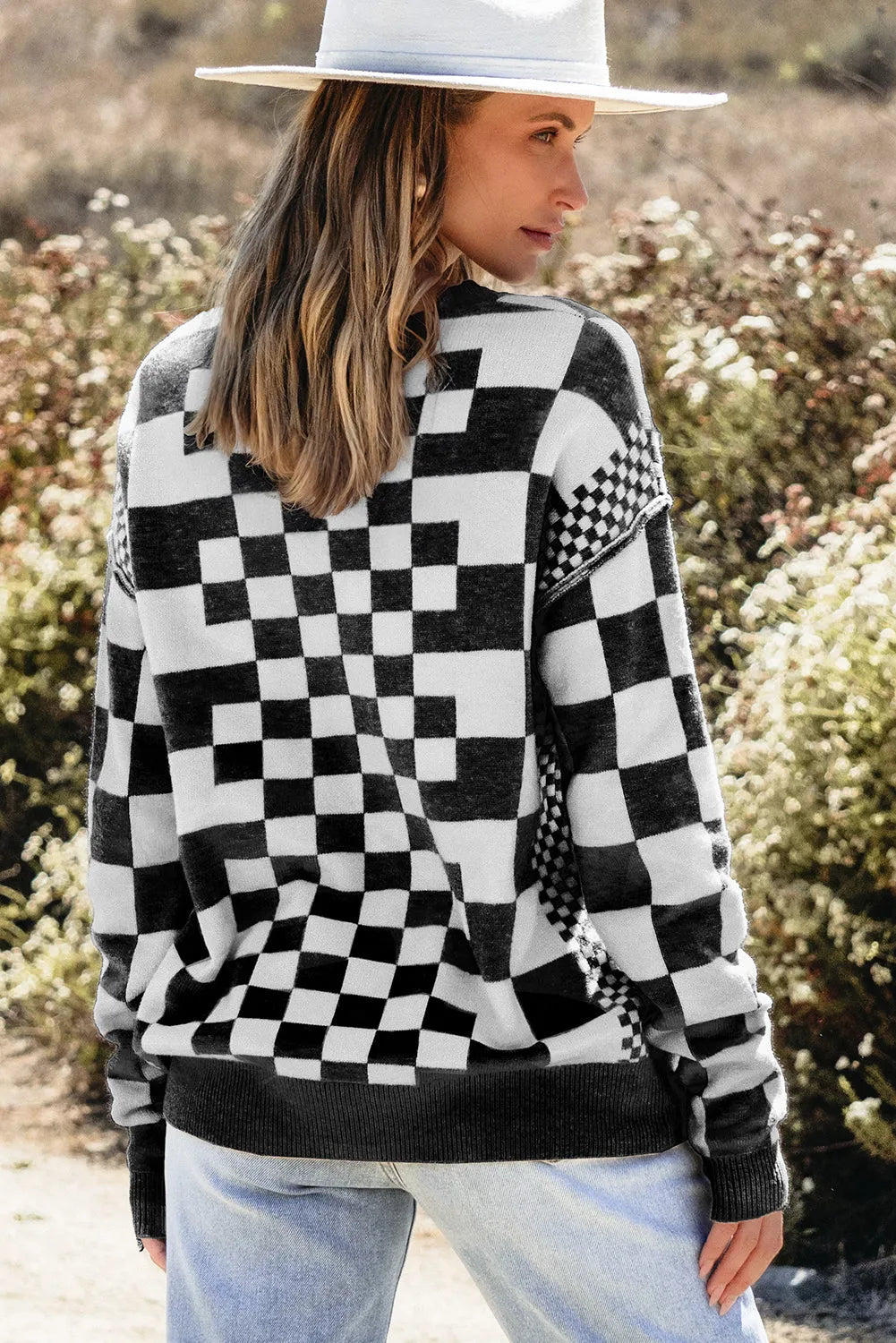 Black Checkered Print Drop Shoulder Round Neck Sweater - Chic Meadow Boutique 