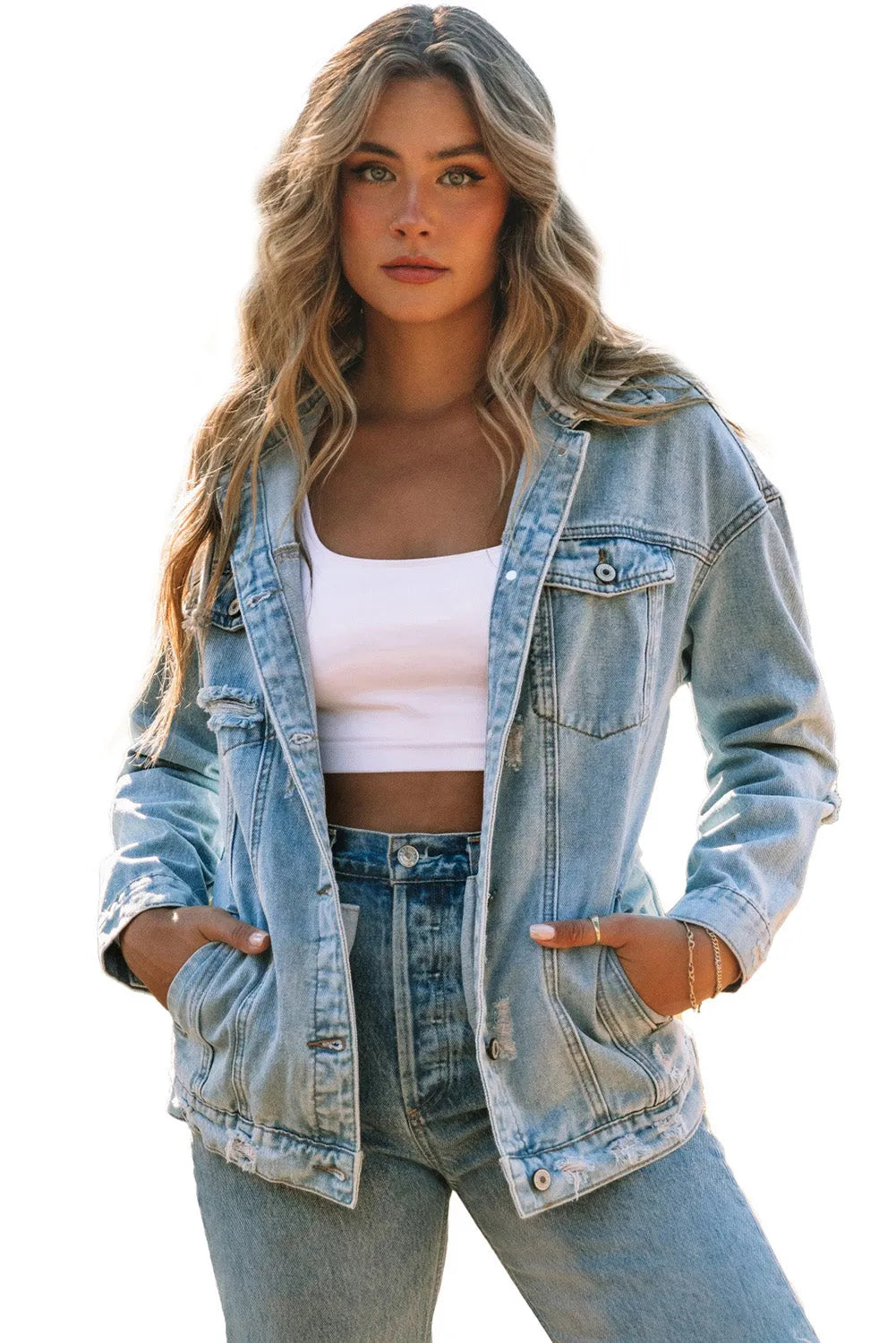 Sky Blue Button Closure Ripped Hooded Denim Jacket - Chic Meadow Boutique 