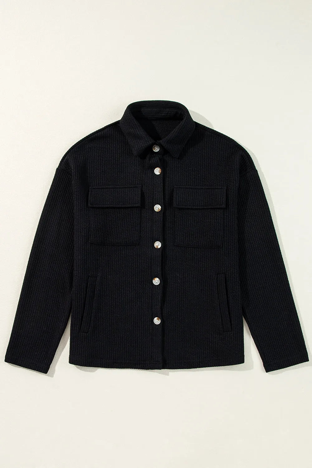 Black Solid Color Corduroy Buttoned Long Sleeve Shacket - Chic Meadow Boutique 