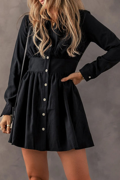 Black Elastic Cinched High Waist Long Sleeve Shirt Mini Dress - Chic Meadow Boutique 