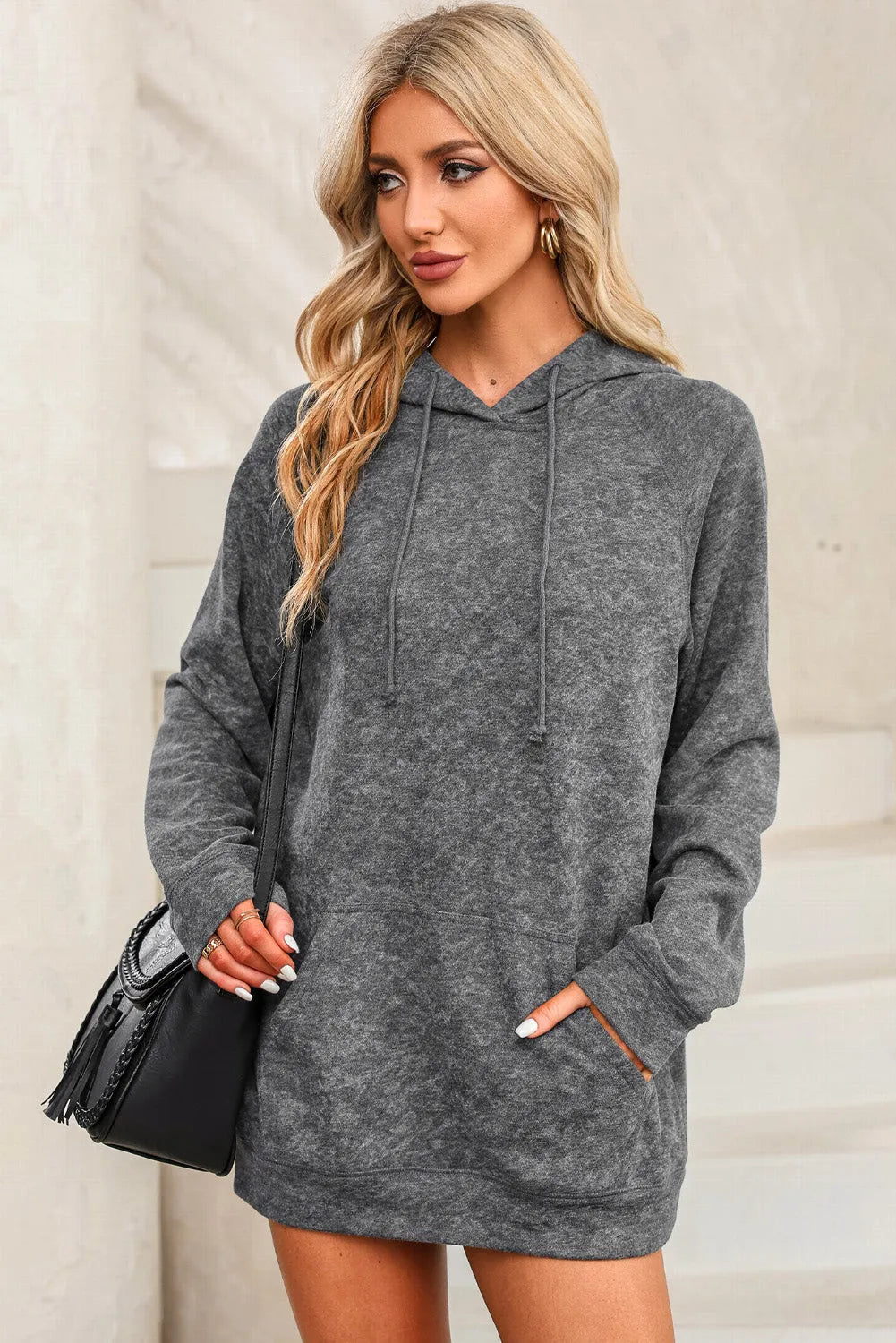 Gray Mineral Wash Kangaroo Pocket Drawstring Pullover Hoodie - Chic Meadow Boutique 