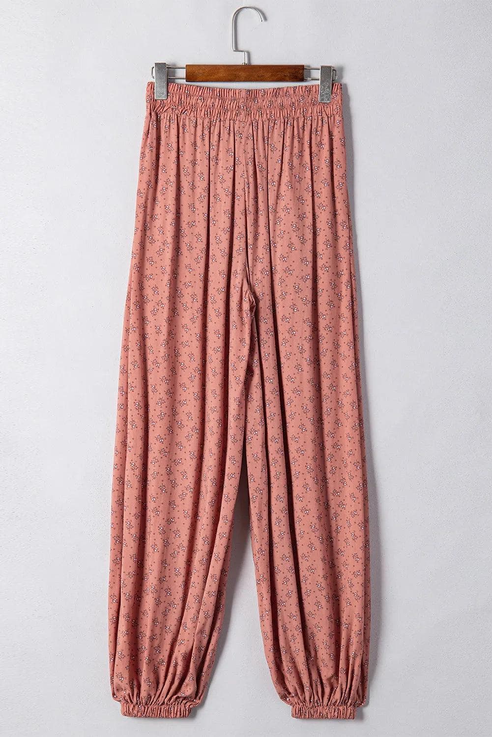 Bottoms/Pants & Culotte Pink Boho Floral Printed Wide Leg Jogger Pants