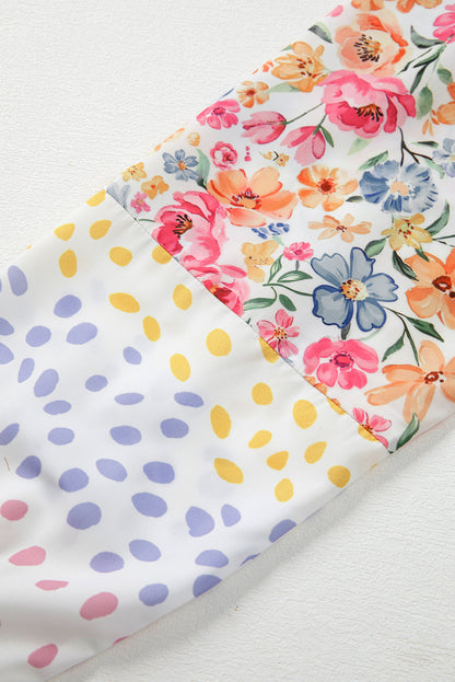 White Floral Dotted Mixed Print Patchwork Sleeve High Low Casual Sweatshirt