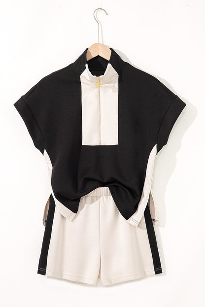 Black Contrast Zipped Stand Collared T Shirt and Short Set