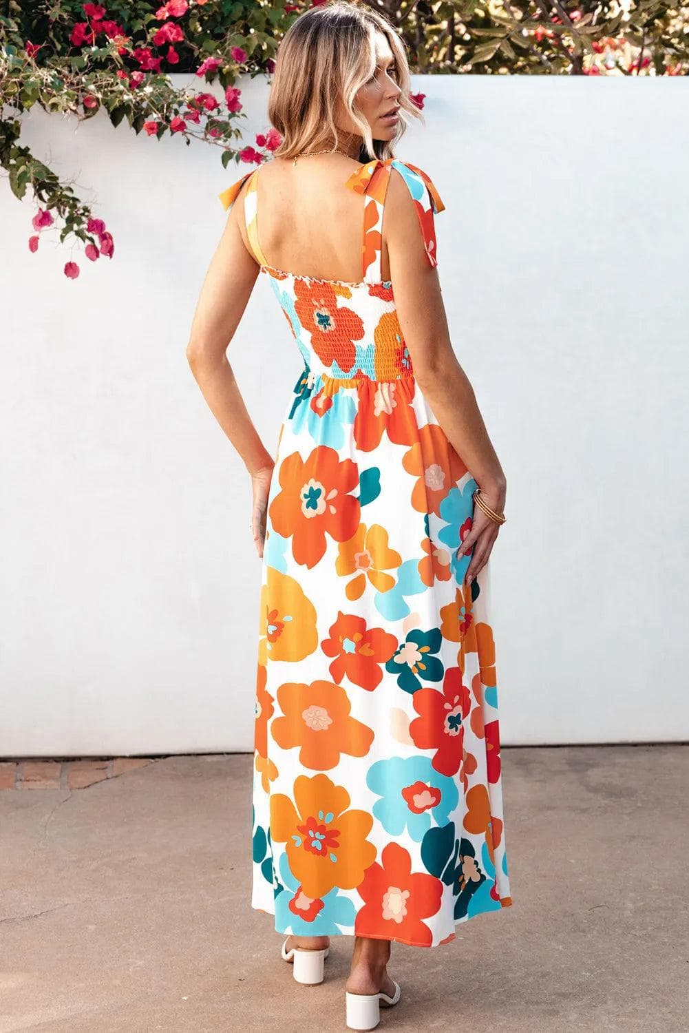 Dresses/Floral Dresses Orange Floral Self Tied Straps Smocked Bust Maxi Dress