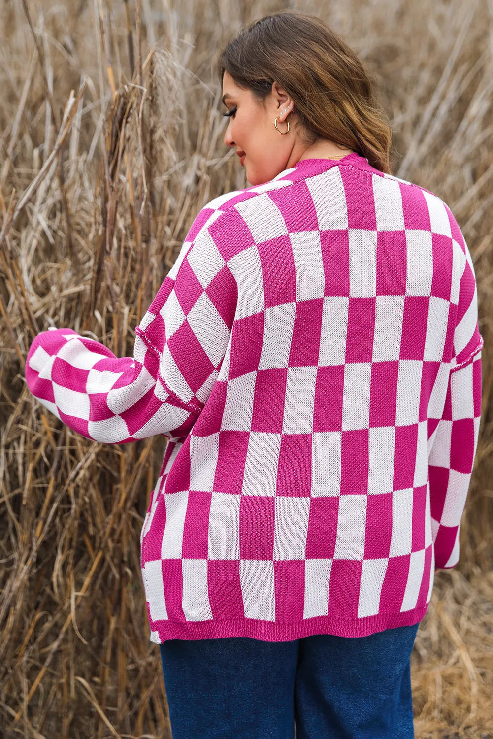 Bonbon Checkered Pattern Open Front Plus Size Cardigan - Chic Meadow Boutique 