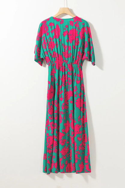 Sea Green Printed V Neck Short Sleeve Split Flared Maxi Dress - Chic Meadow Boutique 