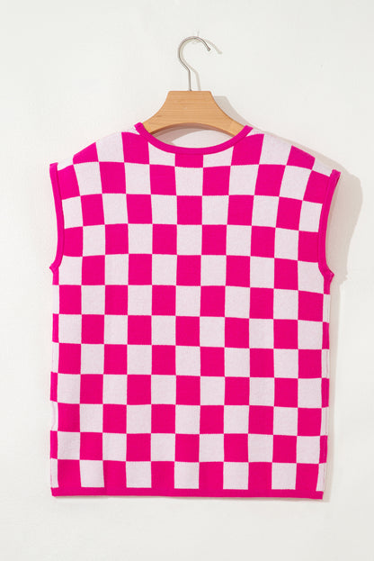 Rose Check Pattern Cap Sleeve Knitted Sweater