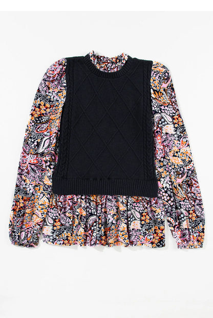 Black Contrast Floral Sleeve Peplum Sweater - Chic Meadow Boutique 