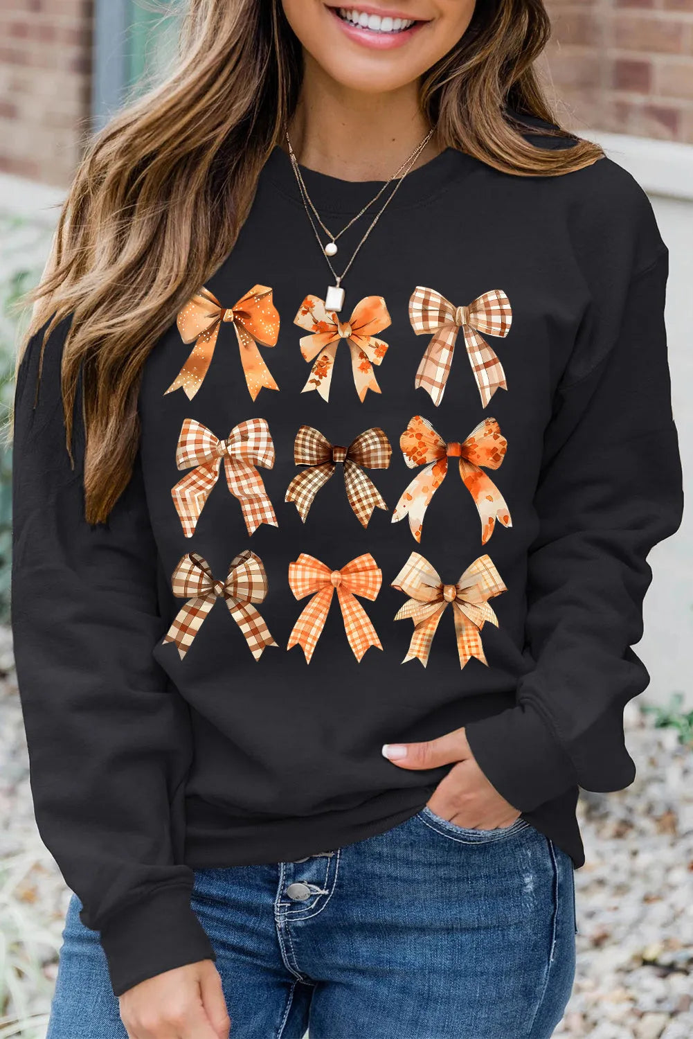 Black Thanksgiving Spice Bowknot Graphic Sweatshirt - Chic Meadow Boutique 