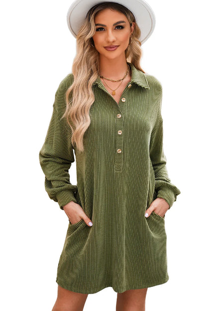 Moss Green Corded Buttons Placket Drop Shoulder Collared Shift Dress - Chic Meadow Boutique 