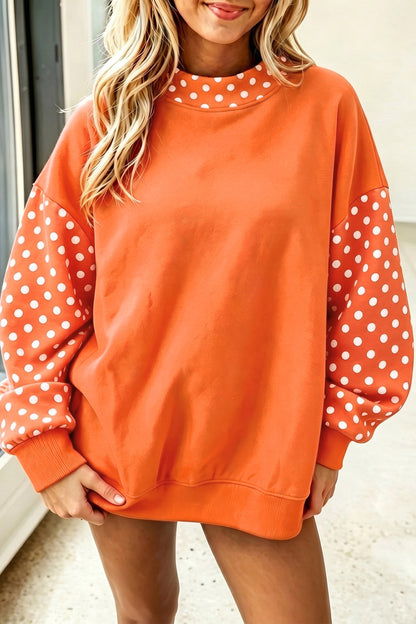 Orange Polka Dot Contrast Round Neck Long Sleeve Baggy Sweatshirt