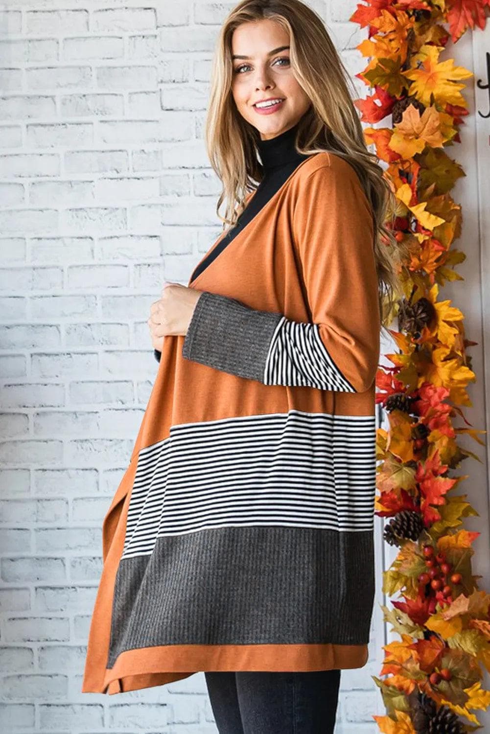 Sweaters & Cardigans/Cardigans Orange Colorblock Striped Patchwork Open Cardigan