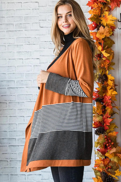 Sweaters & Cardigans/Cardigans Orange Colorblock Striped Patchwork Open Cardigan