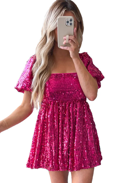 Rose Red Short Puff Sleeve Sequin Babydoll Romper - Chic Meadow Boutique 