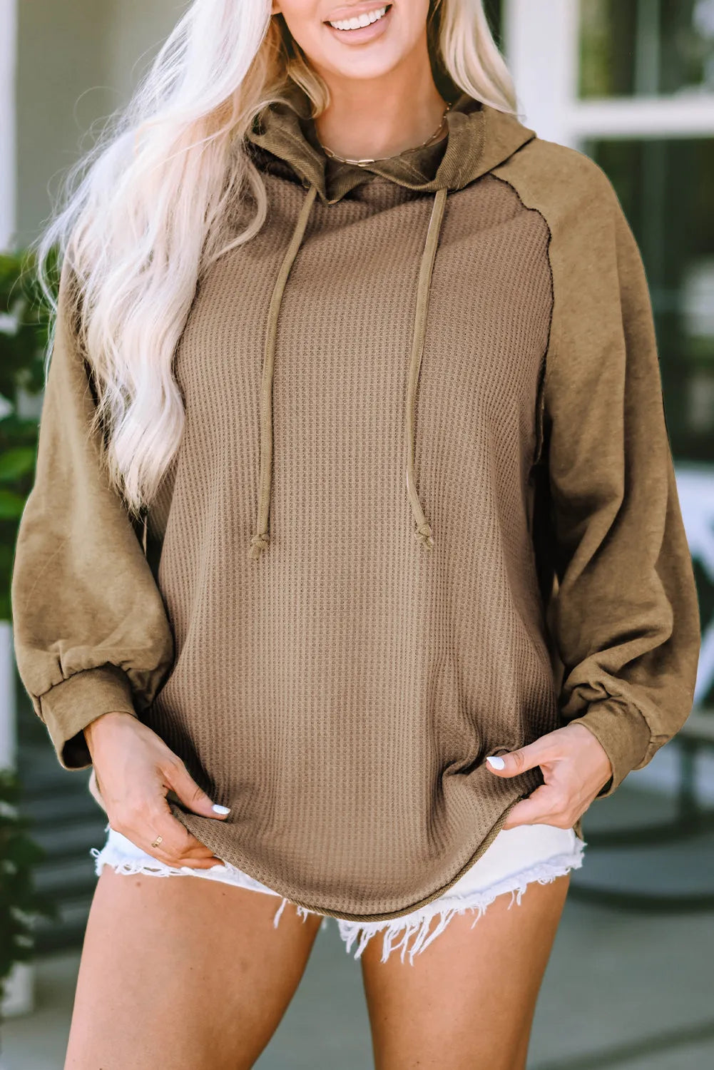 Khaki Waffled Expose Seam Drawstring Hoodie - Chic Meadow Boutique 