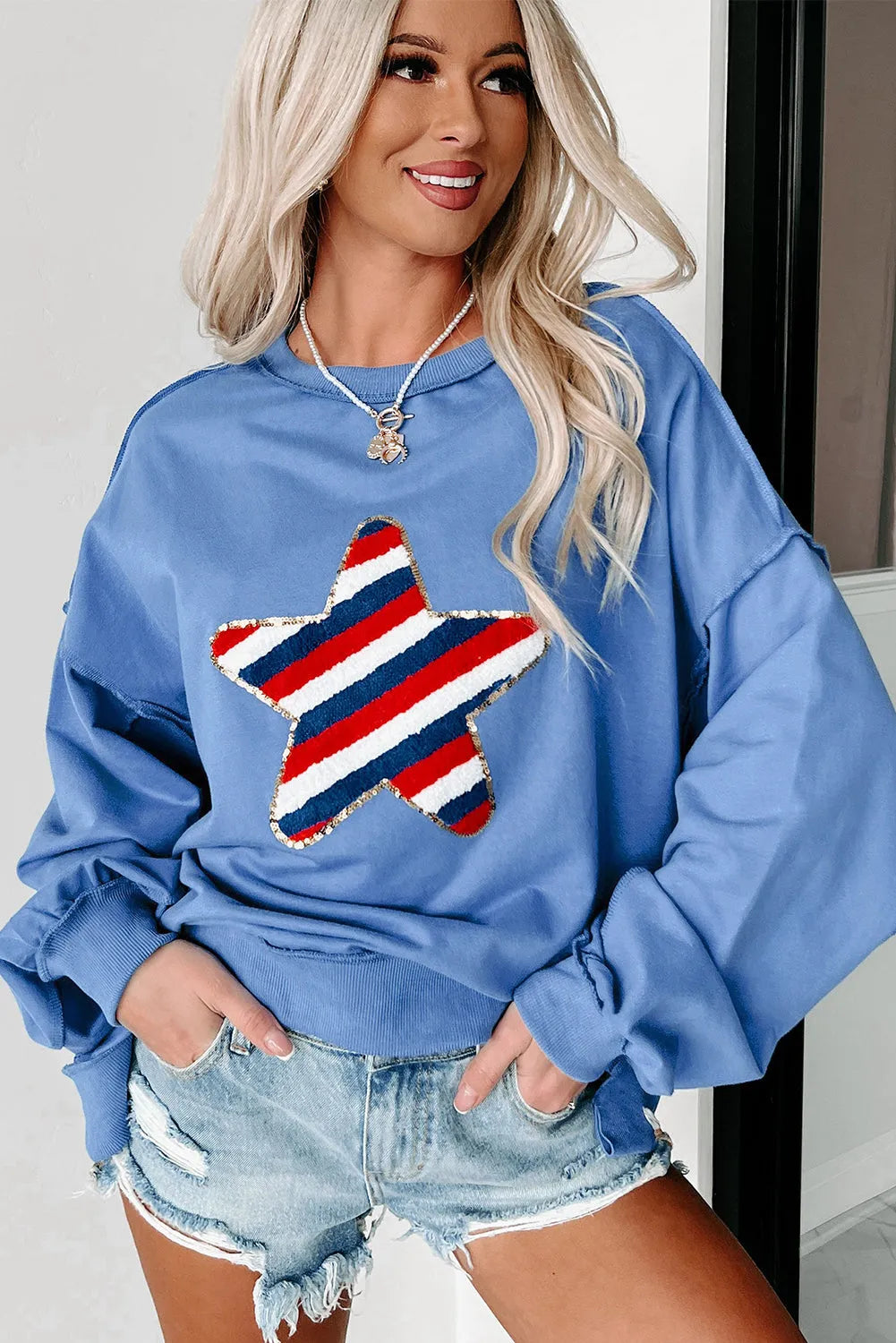 Sky Blue Sequin Trim Embroidered Star USA Pattern Sweatshirt - Chic Meadow Boutique 